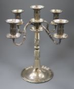 A 20th century Swiss Jezler 800 standard white metal four branch, five light candelabra, 34.5cm.