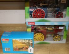 Two Wilesco live-steam traction engines and a Lumber-wagon, all boxed and mint