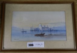 Edwin Earp, watercolour, Continental lake scene, signed, 14 x 25cm