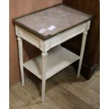 A French white painted two tier marble topped side table W.56cm