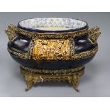 A late 19th century French Majolica style gilt mounted based jardiniere length 34cm