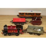 Hornby 0 gauge clockwork tank loco 2270, 2 similar wagons and a Bing 'Shortie' LNER carriage