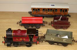 Hornby 0 gauge clockwork tank loco 2270, 2 similar wagons and a Bing 'Shortie' LNER carriage