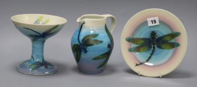 Dennis China Works: A dish, a footed bowl and a jug, decorated with dragonflies tallest 15cm