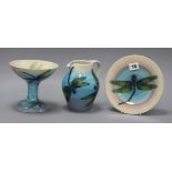Dennis China Works: A dish, a footed bowl and a jug, decorated with dragonflies tallest 15cm