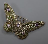 A silver, marcasite and gem set plique a jour butterfly brooch, 78mm.