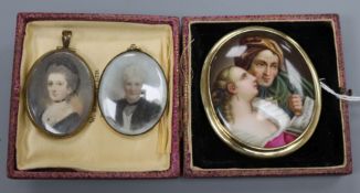 A 19th century porcelain oval panel of a lady and gentleman mounted as a brooch and two oval
