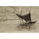 Mukel Dey, etching, 'Drawing the net', signed in pencil, 21 x 31cm