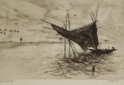 Mukel Dey, etching, 'Drawing the net', signed in pencil, 21 x 31cm