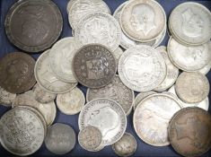 A collection of English silver and other coins, including two 1889 crowns, a 1797 cartwheel