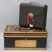 A Victorian metal deed box and a locking writing case