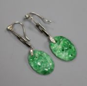 A pair of 9ct white gold, diamond and carved jadeite drop earrings, 37mm.