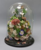 Victorian shellwork flowers under a dome height 40cm