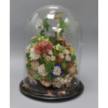 Victorian shellwork flowers under a dome height 40cm