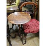 A Victorian burr walnut circular topped wine table and a Victorian mahogany dining chair W.48cm