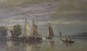 Hendrick Hulk (1842-1937), oil on canvas, sail barges on a canal, signed and dated 1887, 31 x