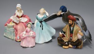 A Lladro group, a Rosenthal model of a mallard duck and three Royal Doulton figures, Omar Khayyam,