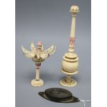 Two carved ivory sewing items, possibly Indian and a Lewes related seal 1888 tallest 21cm