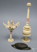 Two carved ivory sewing items, possibly Indian and a Lewes related seal 1888 tallest 21cm