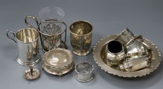 A group of small silver wares, including christening mug, trinket box condiments etc.