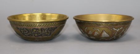 Two Cairo ware mixed metal bowls