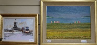 Fran Slade, oil on canvas board, beach scene, signed and an oil of Blatchington Mill by Ruffell 34 x