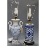 A Chinese blue and white cylindrical table lamp and a blue and white swan handled table lamp tallest