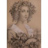 English School c.1900, pencil and chalk, study of a girl modelled as Flora, 52 x 40cm