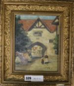 Miss A M Rawes, oil on canvas, Flemish street scene with figures beside an archway, signed, 23 x