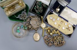 Two Art Nouveau belt buckles and assorted costume jewellery.