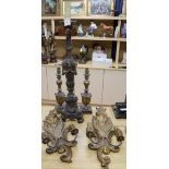 A pair of carved gilt fruit sconces, pair of lamps and a carved Brazilian lamp tallest 78cm