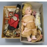 An Armand Marseille bisque headed doll, a peddler doll and sundry dolls house miniatures