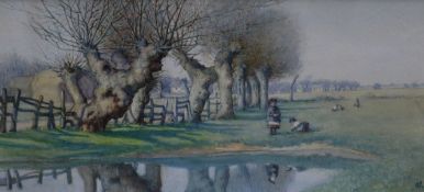 Mary Charlotte Green (c.1860-1951), watercolour, Pollarded Elms, Harston, Cambridgeshire,