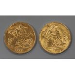 Two George V gold half sovereigns 1911, F and 1915, GVF.