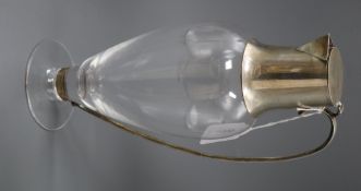 A stylish modern silver mounted glass ovoid claret jug, by Hugh Johnson?, Birmingham, 1995, 30cm.