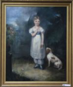 English School c.1830, oil on canvas, portrait of a girl and spaniel standing in a landscape, 74 x