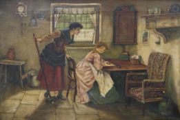 English School c.1900, oil on canvas, interior with young woman writing a letter, 35 x 50cm