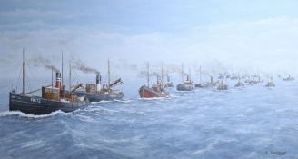 C. Duncan, oil on board, The Great Yarmouth steam drifter fleet heading to the fishing grounds,