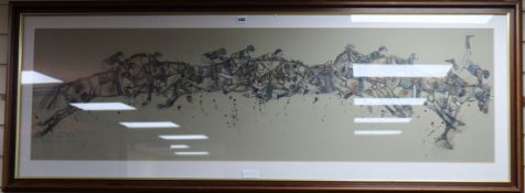 Jo Taylor (1969-), ink and watercolour, racehorses taking a fence, signed in pencil, 42 x 145cm