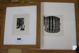 Anne Desmet, 2 wood engravings, Temple of Vesta and Pompeii, signed in pencil, largest 13 x 13cm