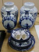 A collection of blue and white ceramics, comprising a pair of Chinese style blue and white ginger