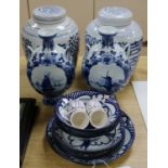 A collection of blue and white ceramics, comprising a pair of Chinese style blue and white ginger