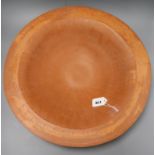 A very large terracotta pottery bowl by Ruth Hassan, with linear detail to rim, impressed