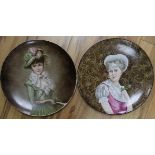 Two Creil Montereau B & Co. painted portrait dishes diameter 36cm