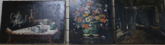 Two unframed oil still lifes and an interior Largest 37 x 56cm