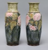 A pair of Royal Doulton Art Nouveau vases, circa 1910, tube-lined with pink chrysanthemum on a