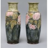 A pair of Royal Doulton Art Nouveau vases, circa 1910, tube-lined with pink chrysanthemum on a