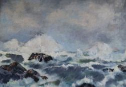 Maria Moreschi, oil on board, waves breaking on the shore, signed 47 x 66cm