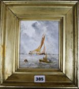 William Joseph Julius Ceaser Bond (1833-1926), oil on board, shipping at sea, signed, 15 x 12cm