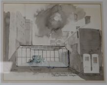 Leonard Manassch, ink and watercolour, Royal Mews Windsor, Coach Museum 22 x 28cm